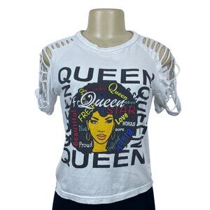 ON FIRE Women Multicolored QUEEN Graphic Cropped Open Sleeve T-Shirt  shirt Sz M